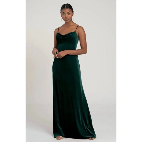 Jenny Yoo Sammi Emerald Green Cowl Neck Velvet Maxi Ling Dress Bridesmaid 6